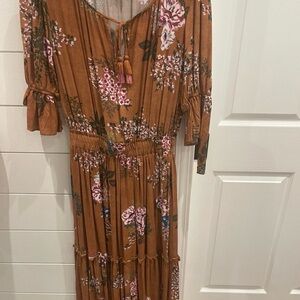 lovestitch Rust Floral Tiered Maxi Dress with Tassel Tie